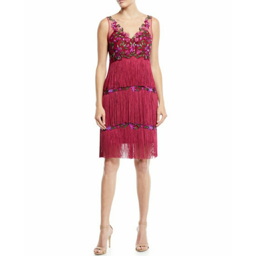 NWT Marchesa Fringe Embroidered Cocktail Dress - Picture 1 of 8